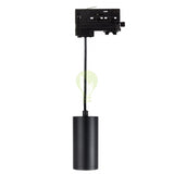 Schwarzer zylindrischer Pendelstrahler auf Schienenadapter, Frontansicht, geeignet für 1-Phasen-Schienensystembeleuchtung.