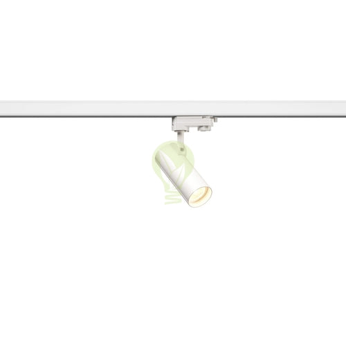 Weißer LED-Schienenstrahler im Zylinderdesign, montiert auf einer 3-Phasen-Schiene, Frontansicht mit sichtbarem Lichtstrahl.