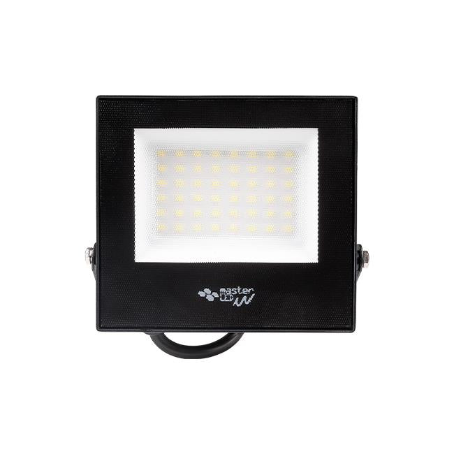 Master LED-Baustrahler – Frontansicht eines rechteckigen schwarzen LED-Flutlichts mit mehreren gelben LEDs in einer weißen Reflektorplatte, geeignet für den Außenbereich und Baustellen.