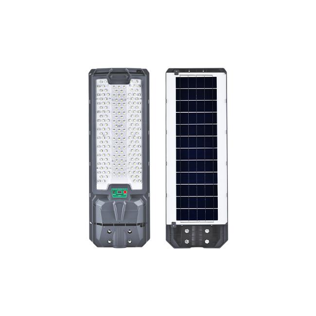 Solarbetriebene LED-Straßenlaterne mit Fernbedienung, Frontansicht mit LED-Beleuchtung und Rückansicht mit integriertem Solarpanel, für den Außenbereich geeignet.
