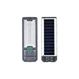 Solarbetriebene LED-Straßenlaterne mit Fernbedienung, Frontansicht mit LED-Beleuchtung und Rückansicht mit integriertem Solarpanel, für den Außenbereich geeignet.