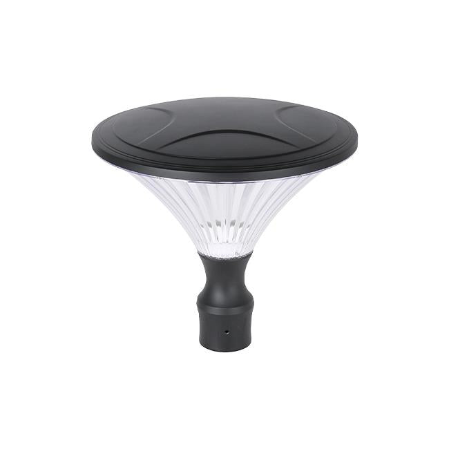 Solar-LED-Gartenlaternenkopf in Schwarz mit transparentem Diffusor, nach vorne gerichtete, abgewinkelte Draufsicht. Ideal für die energieeffiziente Außenbeleuchtung an Gartenpfosten oder Einfahrten.