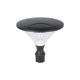 Solar-LED-Gartenlaternenkopf in Schwarz mit transparentem Diffusor, nach vorne gerichtete, abgewinkelte Draufsicht. Ideal für die energieeffiziente Außenbeleuchtung an Gartenpfosten oder Einfahrten.