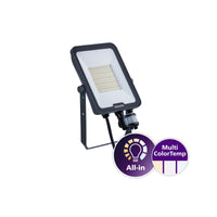 Philips LED-Flutlicht mit Sensor, All-in-Modell mit einstellbarer Farbtemperatur (Multi ColorTemp), schräge Frontansicht mit Blick auf das LED-Modul und die Montagehalterung.