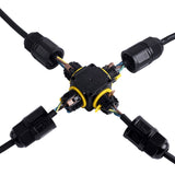 Wasserdichter 4-Wege-Kabelverbinder – Draufsicht auf eine IP68-Elektroanschlussdose mit vier Kabeleingängen, geeignet für den Außenbereich und die unterirdische Installation.