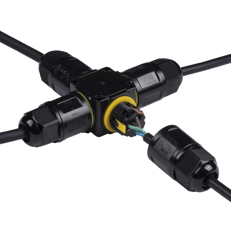 Wasserdichter IP68-T-förmiger Kabelverbinder für den Außenbereich, mit Seitenansicht der angeschlossenen schwarzen Stromkabel und sichtbaren Innenteilen für die elektrische Verkabelung.