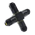 Wasserdichter IP68-Kabelverbinder in X-Form, Seitenansicht, geeignet für elektrische Außeninstallationen und unterirdische Verbindungen mit vier Kabeleinführungen.