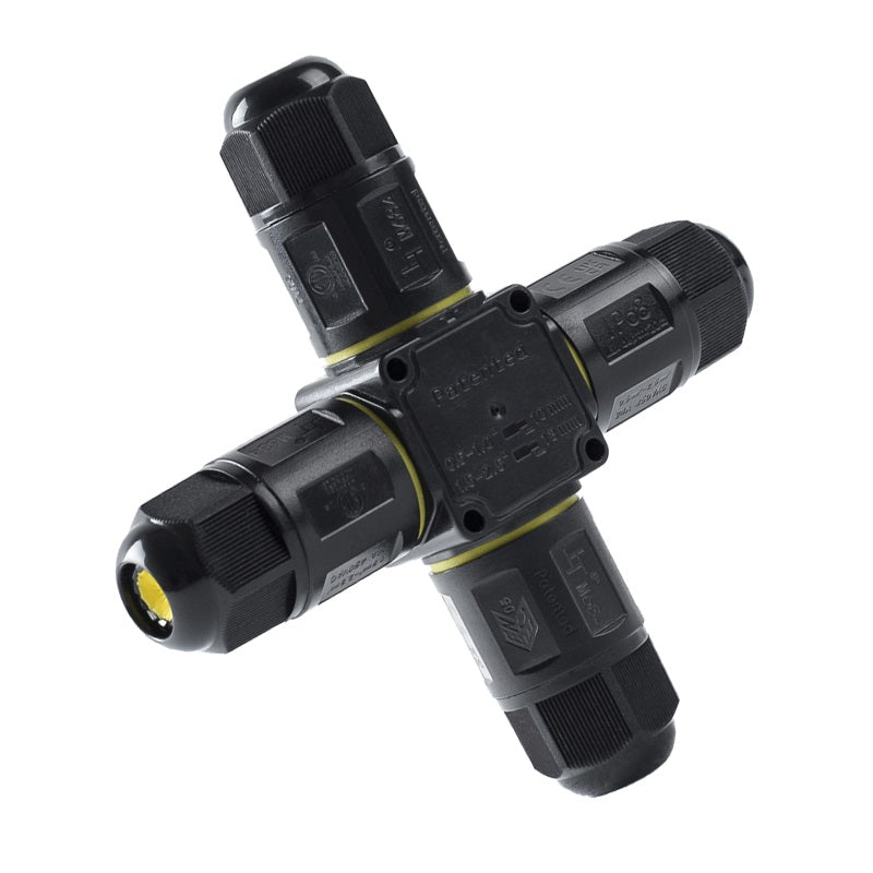 Wasserdichter IP68-Kabelverbinder in X-Form, Seitenansicht, geeignet für elektrische Außeninstallationen und unterirdische Verbindungen mit vier Kabeleinführungen.