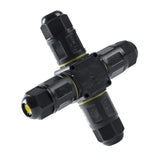 Wasserdichter IP68-Kabelverbinder in X-Form, Seitenansicht, geeignet für elektrische Außeninstallationen und unterirdische Verbindungen mit vier Kabeleinführungen.