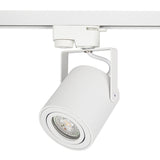 Weißer zylindrischer LED-Schienenstrahler, montiert auf einem weißen Schienensystem, abgewinkelte Frontansicht, geeignet für gerichtete Beleuchtung in modernen Innenräumen.