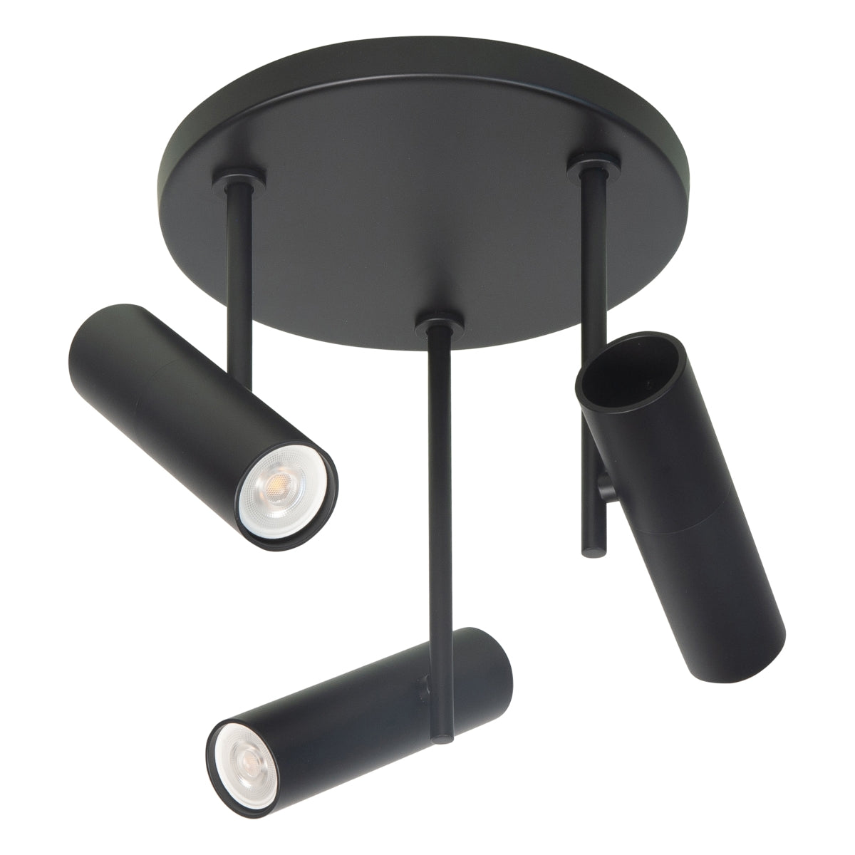 Schwarzer runder Deckenstrahler mit drei verstellbaren zylindrischen Strahlern, moderne Designlampe, Ansicht von unten.