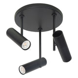 Schwarzer runder Deckenstrahler mit drei verstellbaren zylindrischen Strahlern, moderne Designlampe, Ansicht von unten.