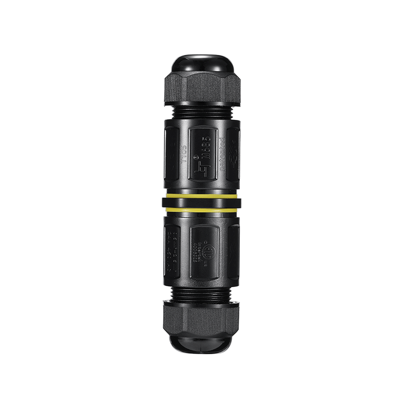 IP68 wasserdichter Kabelverbinder – gerade Ansicht eines schwarzen elektrischen Kabelverbinders mit Schraubanschluss, geeignet für den Außenbereich und die unterirdische Installation.