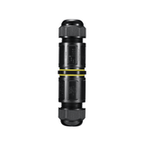 IP68 wasserdichter Kabelverbinder – gerade Ansicht eines schwarzen elektrischen Kabelverbinders mit Schraubanschluss, geeignet für den Außenbereich und die unterirdische Installation.