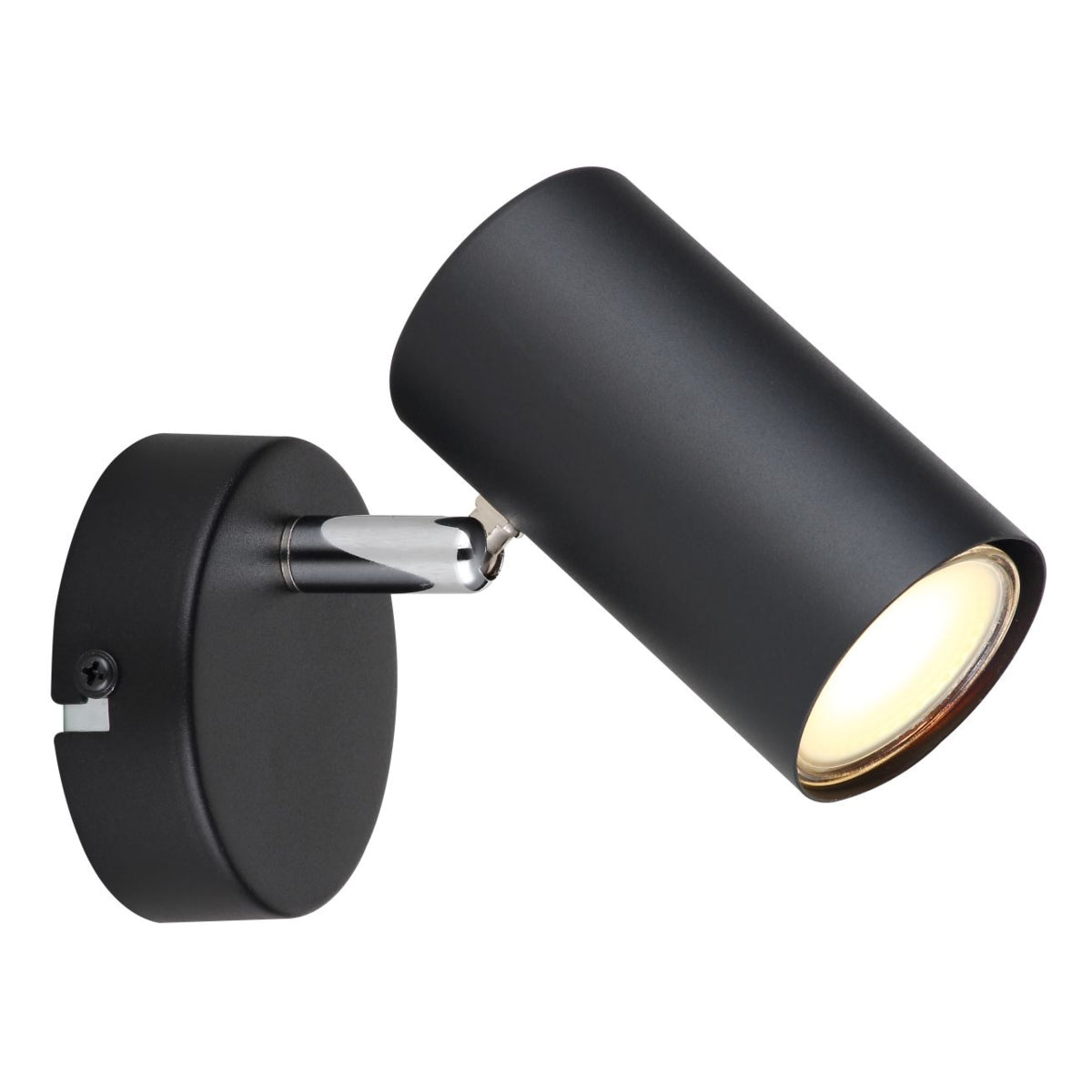 Schwarzer Wandstrahler aus Metall mit verstellbarem zylindrischen Schirm, Seitenansicht mit sichtbarer Montageplatte und brennendem warmen LED-Licht.