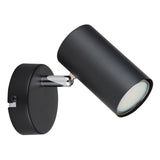 Schwarzer moderner Wandstrahler mit verstellbarer zylindrischer Lampe, Seitenansicht der Leuchte, montiert auf einer runden Wandplatte.
