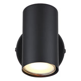 Zylindrische schwarze Wandleuchte mit nach unten gerichtetem Lichtstrahl, Frontansicht, für den Außenbereich geeignet.