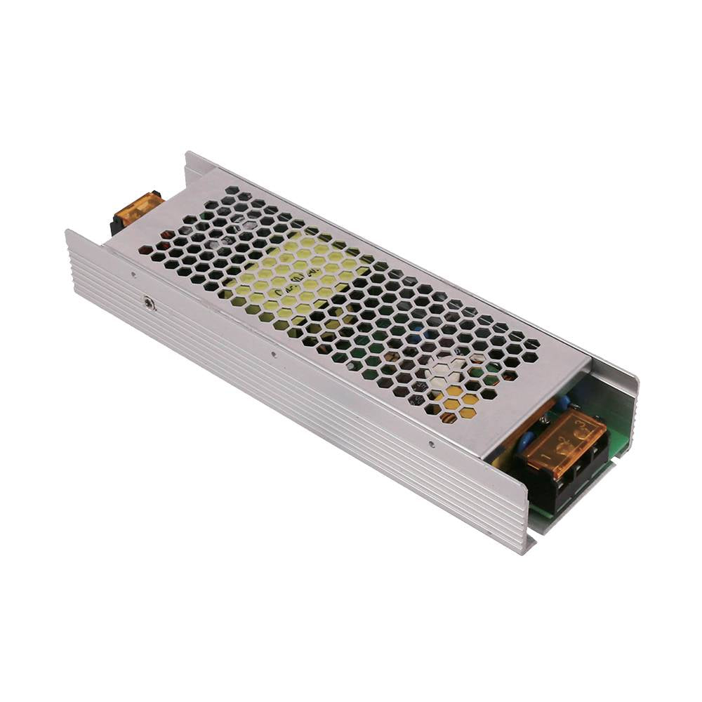 LED-Netztrafo mit perforiertem Metallgehäuse, schräge Draufsicht auf die rechteckige Bauform mit sichtbarer Elektronik und Anschlusspunkten.