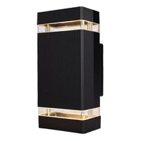 Schwarze moderne Wandleuchte mit integrierter LED-Beleuchtung, Lichtaustritt von oben und unten, schräge Frontansicht.