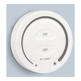 Weißer kabelloser Mi-Light-LED-Wanddimmer mit Ein-/Aus-Tasten und Helligkeitsregler, Vorderansicht.