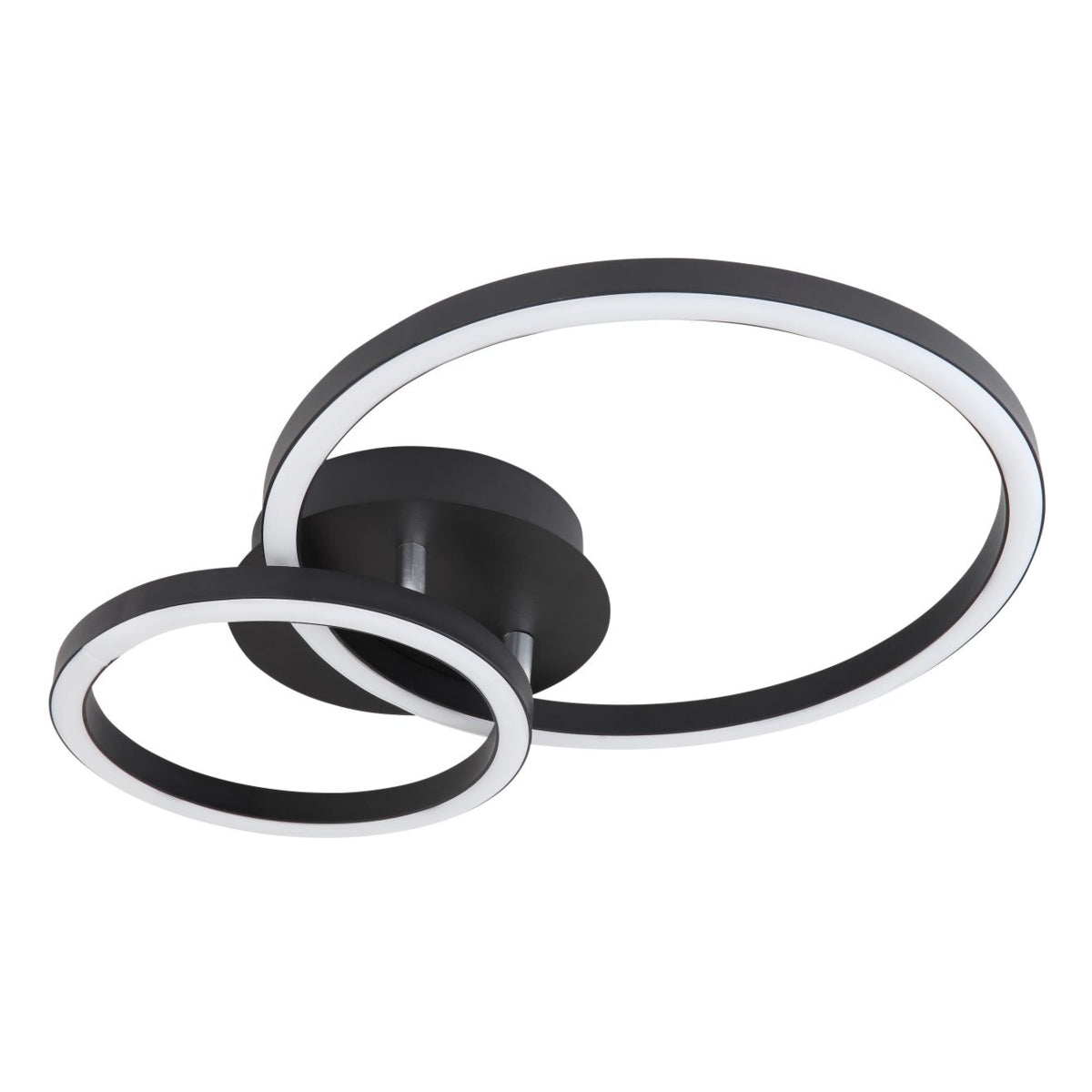 Moderne schwarze Deckenleuchte mit zwei LED-Lichtkreisen in asymmetrischem Design, schräg von unten vor weißem Hintergrund fotografiert.