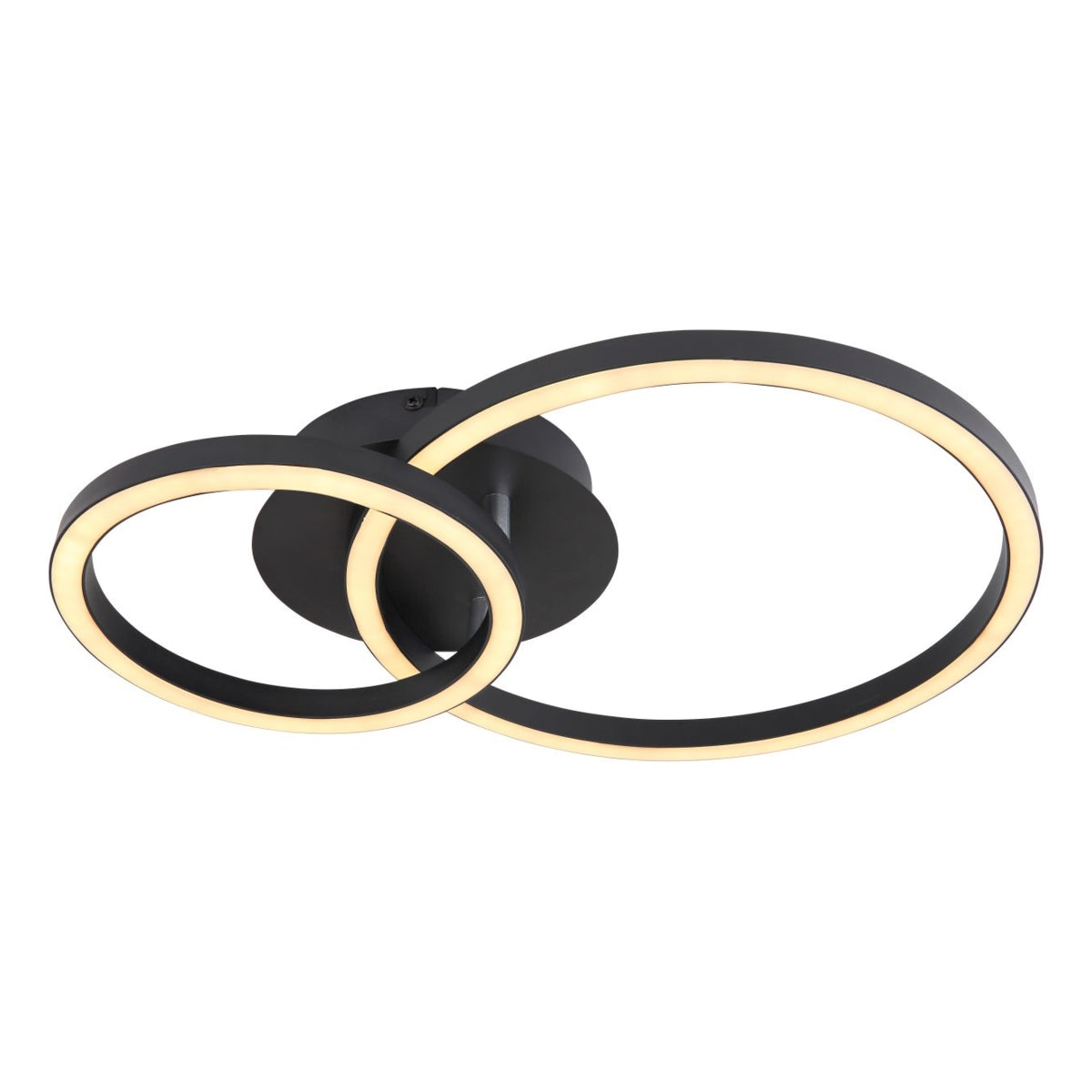 Moderne schwarze Deckenleuchte mit zwei überlappenden runden LED-Ringen, warmweißes Licht, schräg von unten gesehen vor weißem Hintergrund.