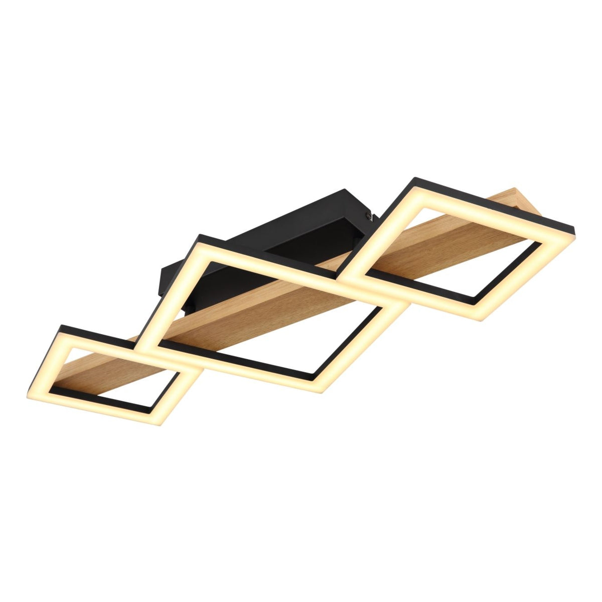 Moderne Deckenleuchte mit Holzakzent und quadratischen, von unten abgewinkelten LED-Lichtpanelen.