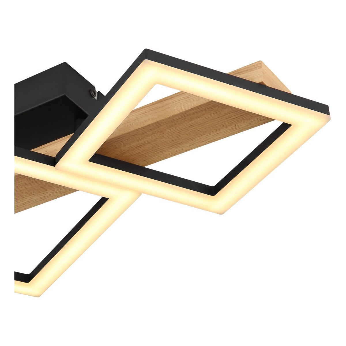Moderne LED-Deckenleuchte mit Holzsockel und zwei überlappenden quadratischen Lichtpaneelen, Seitenansicht.