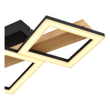 Moderne LED-Deckenleuchte mit Holzsockel und zwei überlappenden quadratischen Lichtpaneelen, Seitenansicht.