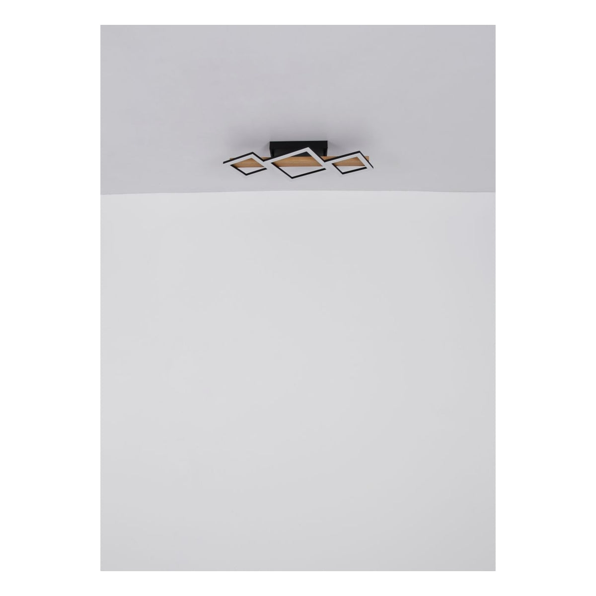 Deckenleuchte mit quadratischen LED-Panels im modernen schwarz-weißen Design, an der Decke montiert, Ansicht von unten.