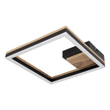 Moderne quadratische Deckenleuchte mit Holz- und Schwarzakzenten, minimalistisches Design mit integrierter LED-Beleuchtung, Ansicht von unten.