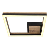 Moderne quadratische Deckenleuchte mit Holz- und Schwarzakzenten und integrierter LED-Beleuchtung, Draufsicht.