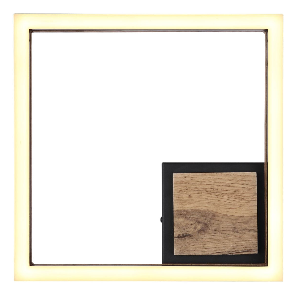 Quadratischer Spiegel mit integrierter LED-Beleuchtung im Rahmen, mit modernem Design und einem dekorativen Holzakzent in der Ecke; Vorderansicht.