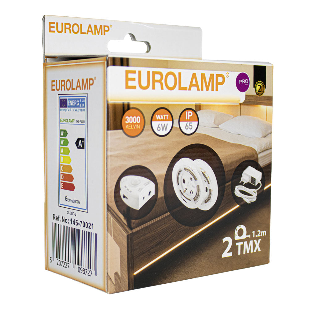 Verpackung des EUROLAMP PRO LED-Beleuchtungssets (Modell Ref.-Nr.: 145-70021) mit 2 LED-Streifen à 1,2 Meter, 3000 Kelvin warmweißes Licht, 6W Leistung, IP65 wasserdicht, Energielabel A+, aus schrägem Frontalblickwinkel sichtbar.