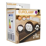 Verpackung des EUROLAMP PRO LED-Beleuchtungssets (Modell Ref.-Nr.: 145-70021) mit 2 LED-Streifen à 1,2 Meter, 3000 Kelvin warmweißes Licht, 6W Leistung, IP65 wasserdicht, Energielabel A+, aus schrägem Frontalblickwinkel sichtbar.