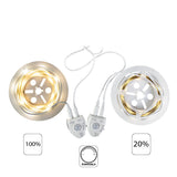 LED-Beleuchtungsset auf einer Rolle mit dimmbaren warmweißen LED-Streifen, Draufsicht auf zwei Spulen mit unterschiedlichen Helligkeitsstufen (100 % links und 20 % rechts) und entsprechenden Dimmern mit Bewegungsmeldern.