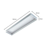 LED-Panelleuchte 1208x308mm in schräger Unteransicht, zeigt schlankes und modernes Design mit den Maßen 1208mm Länge, 308mm Breite und 70mm Höhe, ideal für Systemdecken und Bürobeleuchtung.