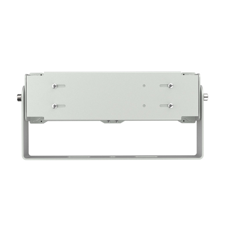 Industrieller LED-Flutlichtstrahler in grauem Gehäuse, Seitenansicht der Montagehalterung und Rückseite der Lampe sichtbar.