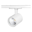 Weißer LED-Schienenstrahler mit zylindrischer Bauform und integriertem Reflektor, Frontansicht aus leicht schrägem Winkel.