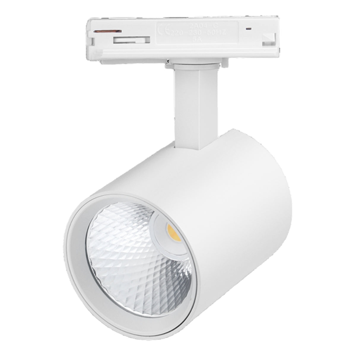 Weißer LED-Schienenstrahler in zylindrischer Bauform, von vorne und leicht schräg von unten mit Blick auf Reflektor und Lichtquelle dargestellt.