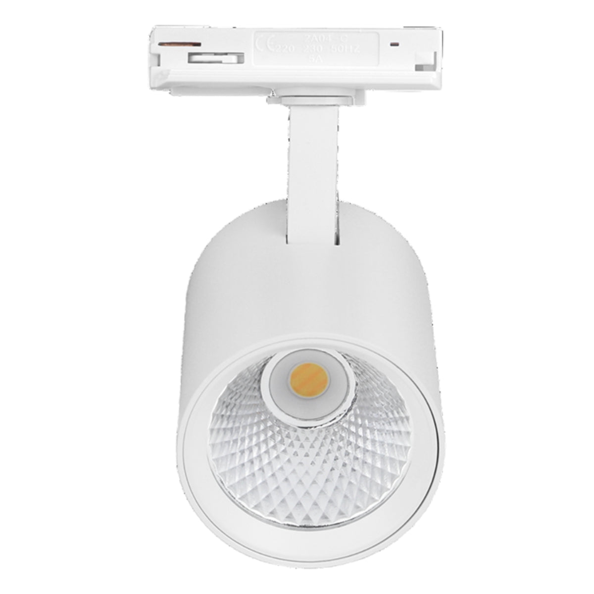 Weißer LED-Schienenstrahler mit rundem Gehäuse, Frontansicht, ausgestattet mit integriertem Reflektor und Kühlkörper, geeignet für 3-Phasen-Schienensysteme.