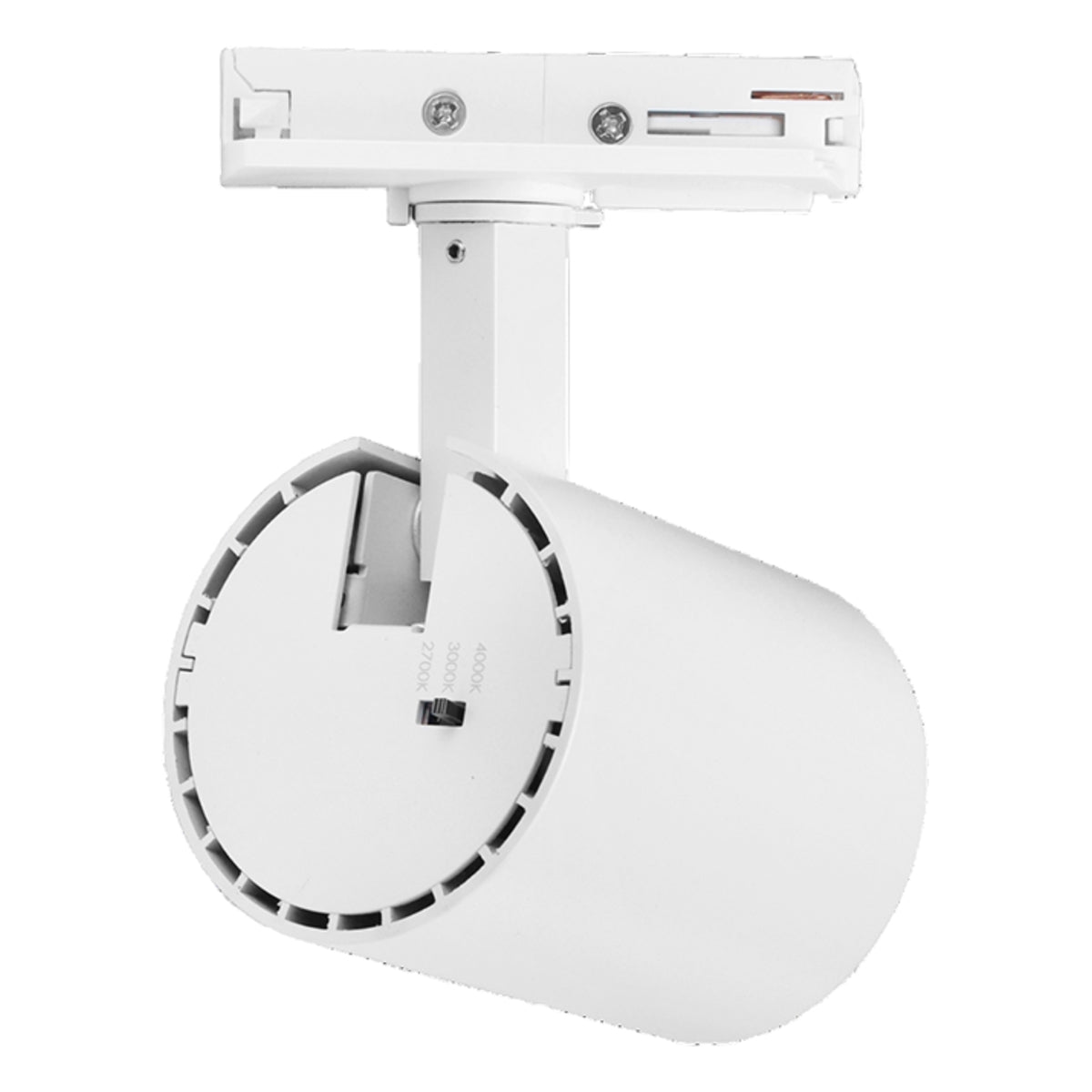 Weißer LED-Schienenstrahler mit zylindrischem Design und verstellbarem Arm, Frontansicht des Befestigungssystems und Belüftungsöffnungen sichtbar.