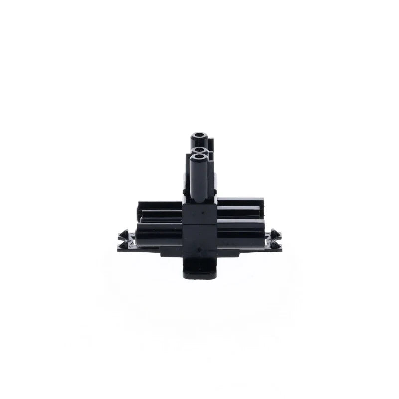 Schwarzes LEGO Technic Verbindungsstück aus Kunststoff, Frontalansicht, mit mehreren Achsen und Befestigungspunkten für Konstruktionszwecke.