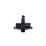Schwarzes LEGO Technic Verbindungsstück aus Kunststoff, Frontalansicht, mit mehreren Achsen und Befestigungspunkten für Konstruktionszwecke.