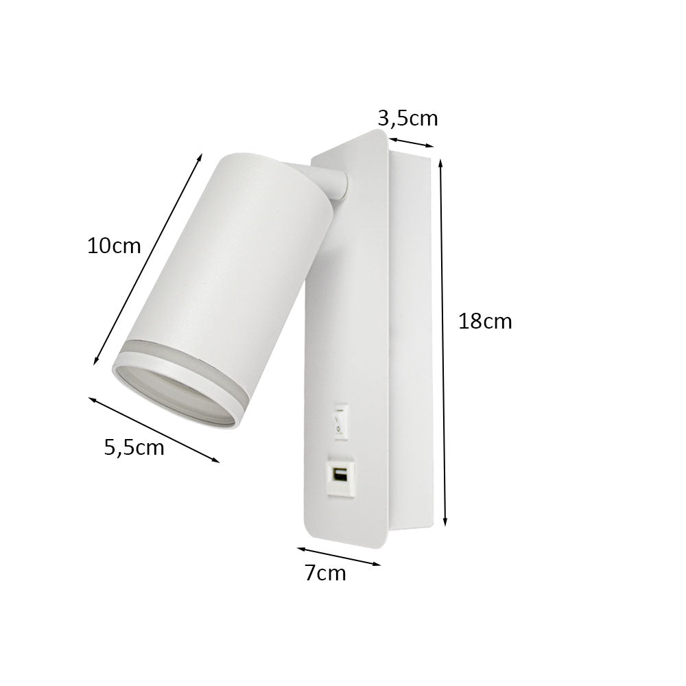 Weiße moderne Wandleuchte mit verstellbarem zylindrischem Strahler, USB-Anschluss und Schaltknopf, Vorderansicht mit Maßangaben in Zentimetern.