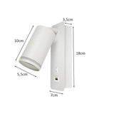 Weiße moderne Wandleuchte mit verstellbarem zylindrischem Strahler, USB-Anschluss und Schaltknopf, Vorderansicht mit Maßangaben in Zentimetern.