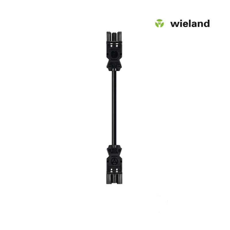 Wieland GST18i3-Verlängerungskabel – gerade Vorderansicht eines schwarzen 3-poligen Verlängerungskabels mit Steckern an beiden Enden, das für modulare Elektroinstallationen verwendet wird.