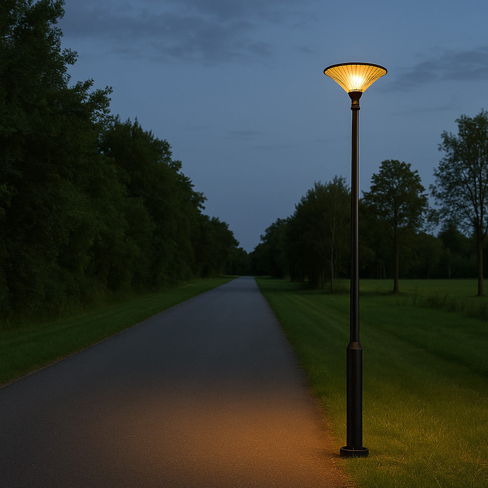 Beleuchtete klassische Straßenlaterne mit konischem Schirm, aufgestellt entlang einer ländlichen Asphaltstraße in der Abenddämmerung, Vorderansicht.