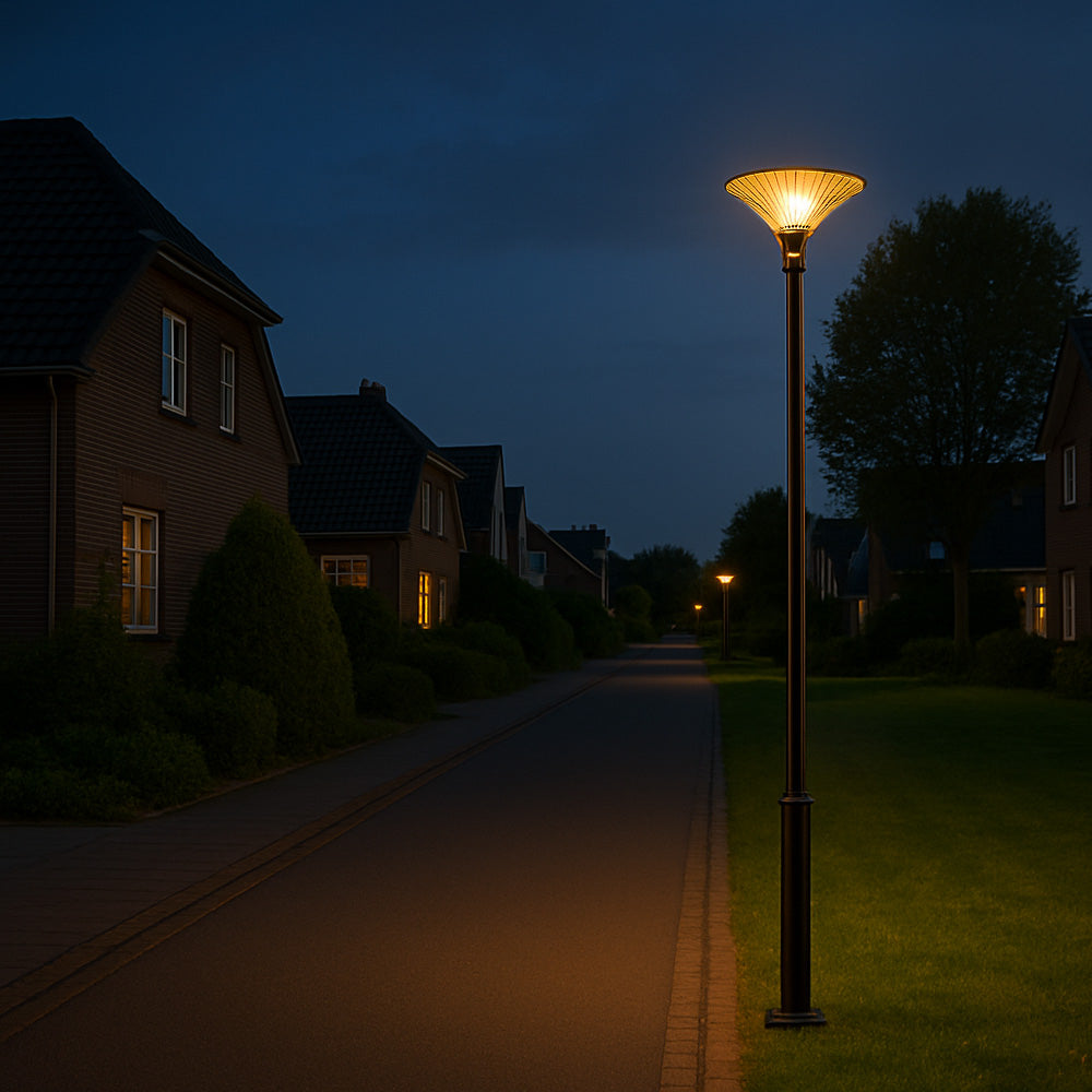 Straßenlaterne im Retro-LED-Stil in der Abenddämmerung, Vorderansicht der beleuchteten Laterne entlang einer ruhigen Wohnstraße mit Einfamilienhäusern.