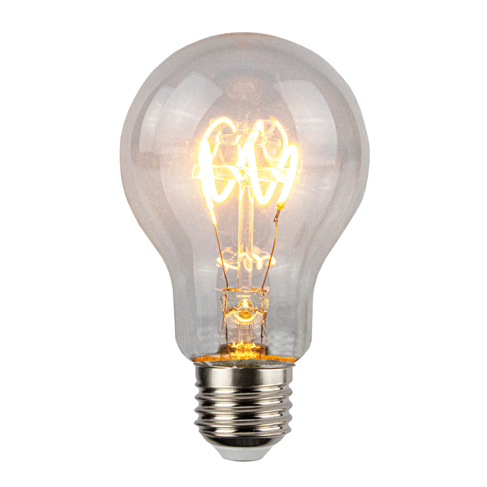 Helle LED-Filamentlampe in A60-Form mit E27-Fassung, warmweißes Licht, Frontansicht.